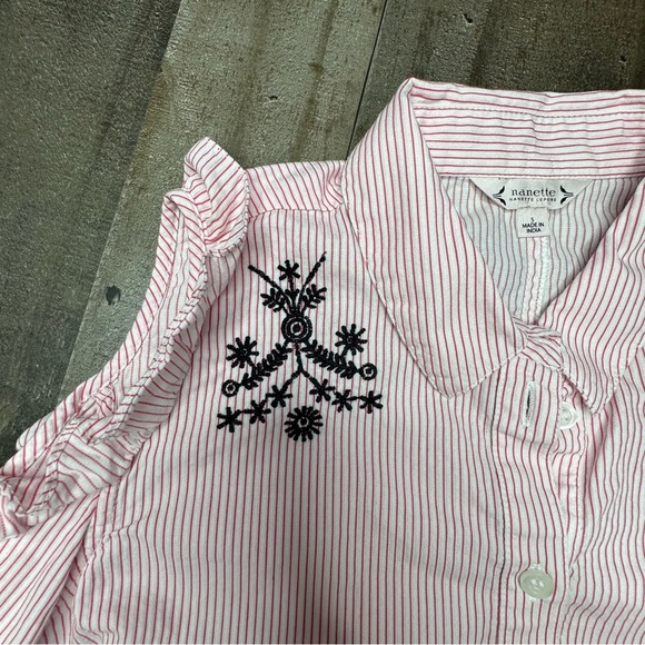 Nanette Lepore Flamingo Dream Pink Ruffled Cold Shoulser Button Down Shirt Small - Picture 5 of 11